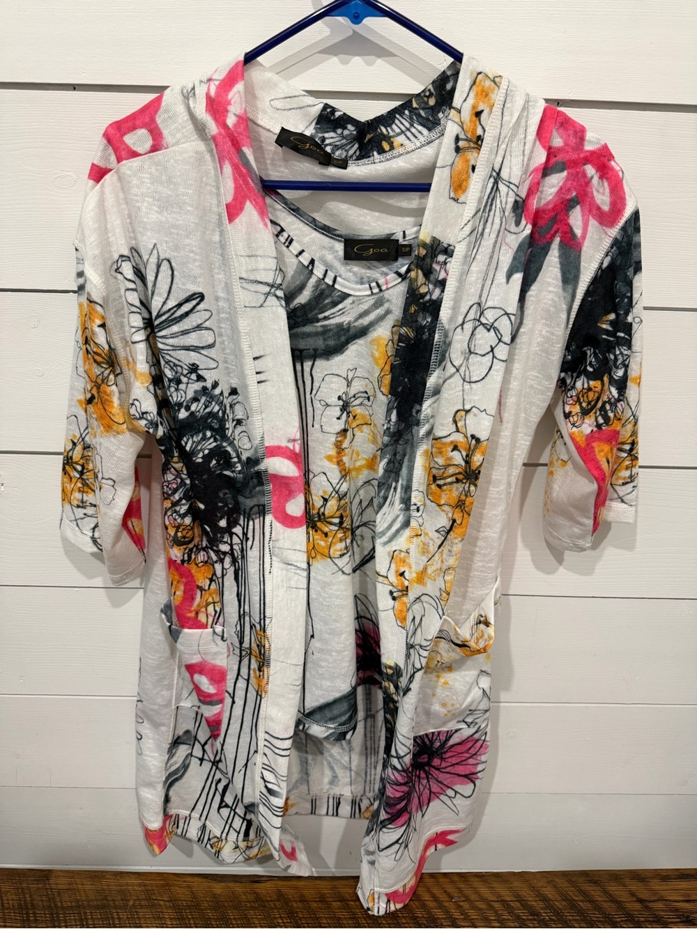 Floral Hooded Open Cardigan - White with Pink & Yellow Accents